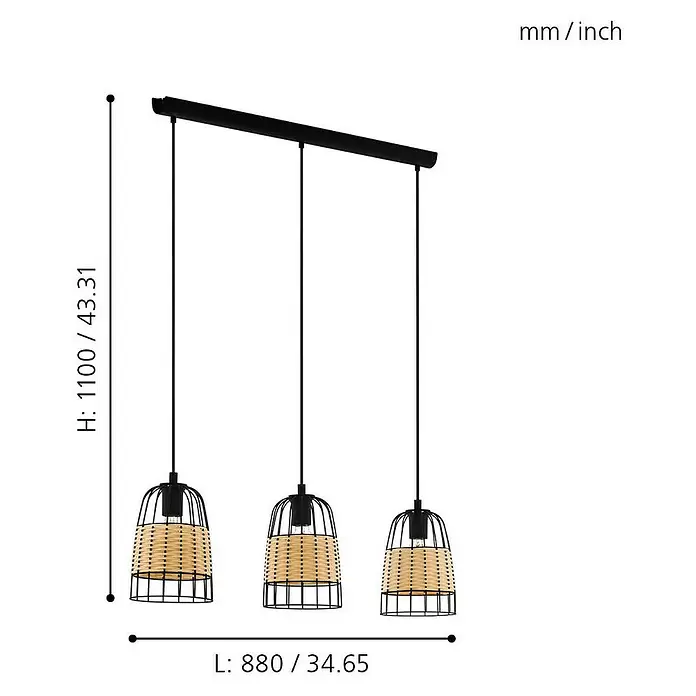 Eglo Anwick Pendelleuchte - 180 W, L x B x H: 88 x 18 x 110 cm, Schwarz/Braun, E27 - Skizze