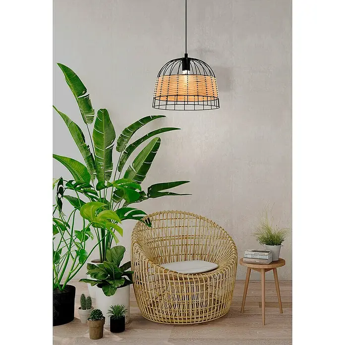 Eglo Anwick Pendelleuchte rund - 40 W, Ø x H: 370 mm x 110 cm, Schwarz, E27 - Eine stilvolle Hängelampe mit einem Schirm aus Rattan und einem schwarzen Metallgestell, die eine gemütliche Atmosphäre schafft.