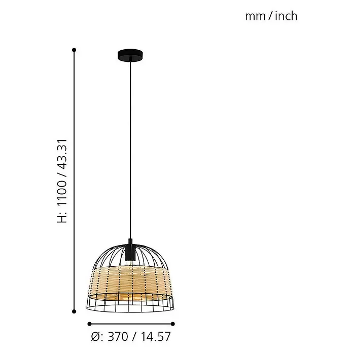 Eglo Anwick Pendelleuchte rund - 40 W, Ø x H: 370 mm x 110 cm, Schwarz, E27 - Skizze