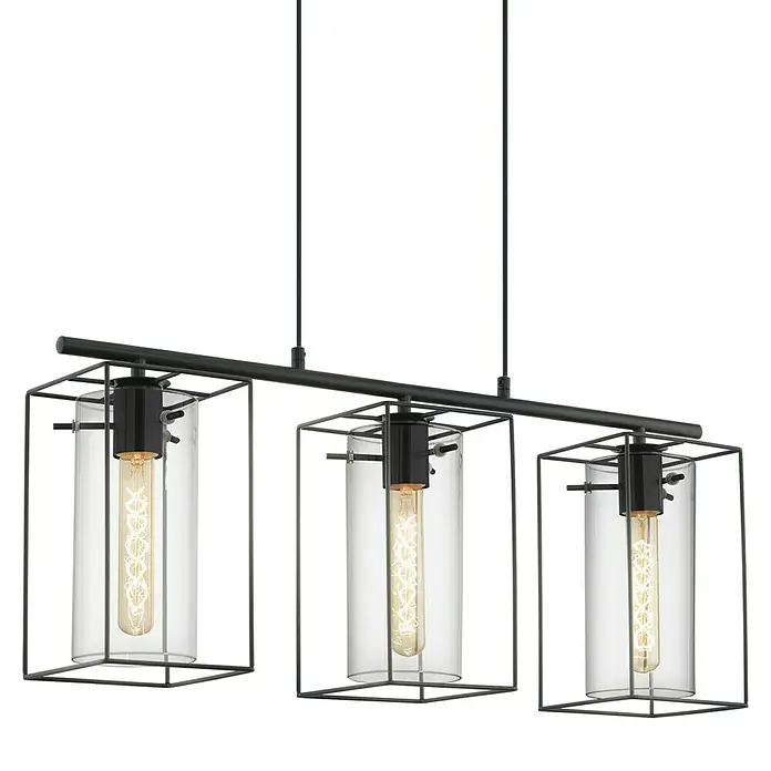 Eglo Pendelleuchte Loncino - Höhe: 110 cm - Elegante dreiflammige Pendelleuchte mit klaren Zylindern und schwarzem Metallrahmen für eine moderne Beleuchtungslösung.