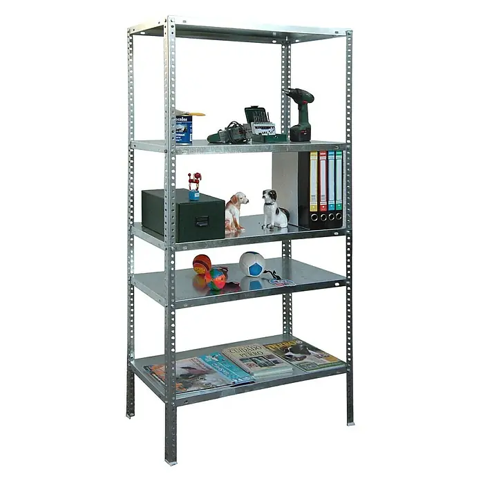 Simonrack Simonclassic Metallregal Advantage Plus - L x B x H: 40 x 100 x 200 cm, Traglast: 75 kg/Boden, Anzahl Böden: 5 Stk., Schrauben, Silber - Regal mit 5 Regalböden. Es ist mit Werkzeugen, Ordnern, Spielzeugen und Zeitschriften gefüllt. Das Regal ist aus Metall und hat ein schlichtes Design.