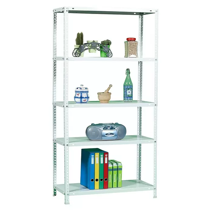 Simonrack Comfort Metallregal - L x B x H: 30 x 90 x 180 cm, Traglast: 100 kg/Boden, Anzahl Böden: 5 Stk., Schrauben, Weiß - Diagonale Ansicht