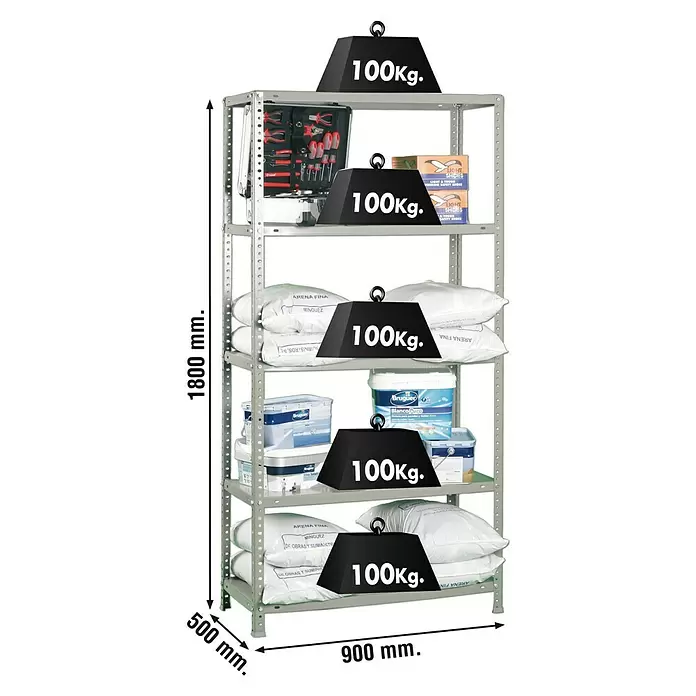 Simonrack Comfort Estantería metálica - L x An x Al: 50 x 90 x 180 cm, Capacidad de carga: 100 kg/balda, Número de baldas: 5 ud., Atornillado, Gris - Dibujo técnico