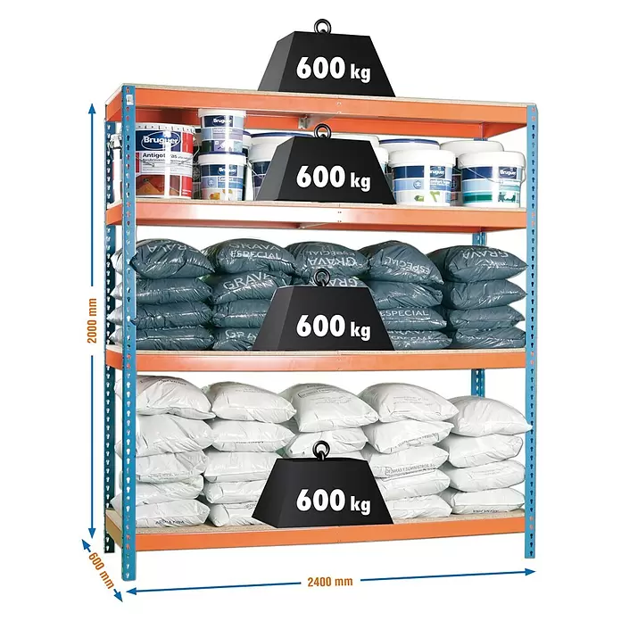 Simonrack Simonforte Estantería para cargas pesadas Chipboard - L x An x Al: 60 x 240 x 200 cm, Capacidad de carga: 400 kg/balda, Número de baldas: 4 ud., Azul/Naranja - Dibujo técnico