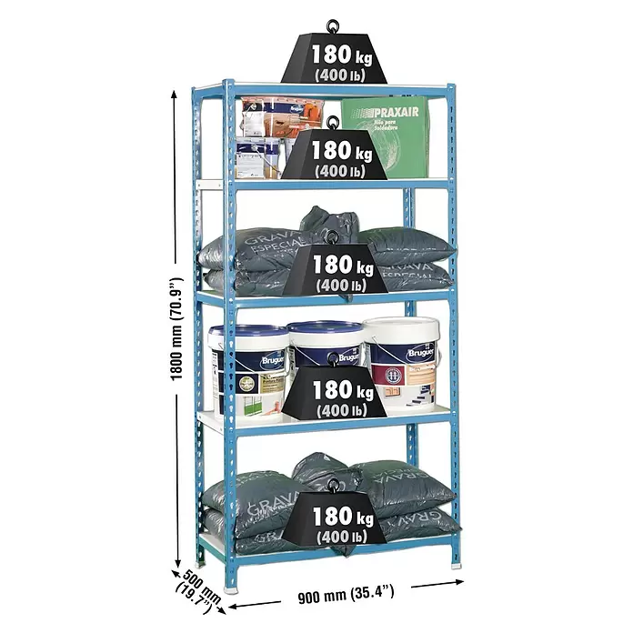 Simonrack Simonclick Estantería metálica - L x An x Al: 50 x 90 x 180 cm, Capacidad de carga: 180 kg/balda, Número de baldas: 5 ud., Inserción, Azul/Blanco - Dibujo técnico