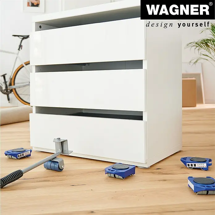 Transporthilfe - 11,7 x 7,9 cm, Traglast: 150 kg - Möbelroller-Set von Wagner zum einfachen Anheben und Bewegen von Möbeln auf einem Holzboden.