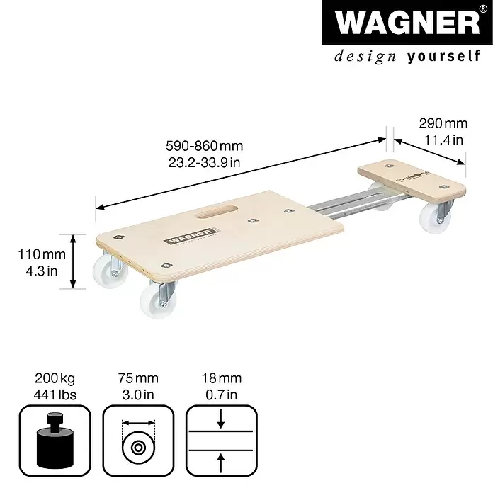 Wagner System Transportroller MM 1331 - Breite: 290 mm, Traglast: 200 kg, Längenverstellbarkeit: 590 mm - 860 mm - Skizze