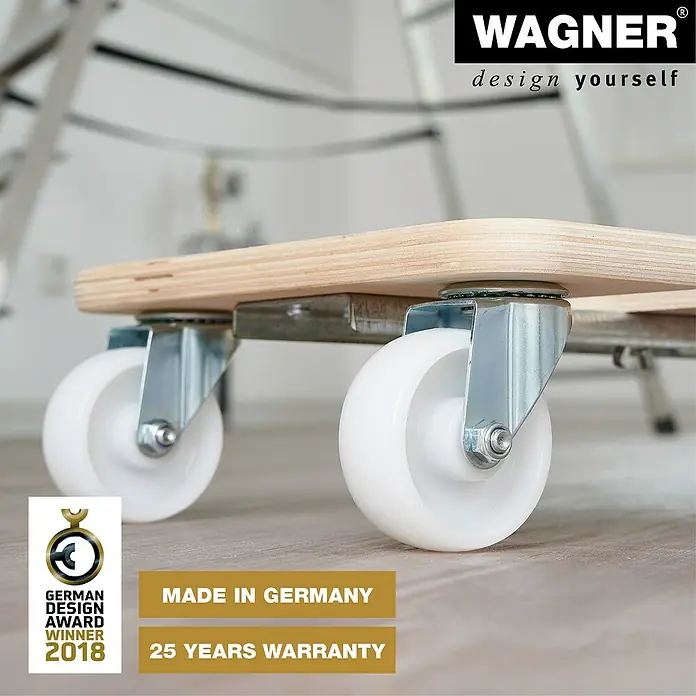 Wagner System Transportroller MM 1331 - Breite: 290 mm, Traglast: 200 kg, Längenverstellbarkeit: 590 mm - 860 mm - Rollbrett mit weißen Rollen, Auszeichnung "German Design Award Winner 2018" und 25 Jahre Garantie.