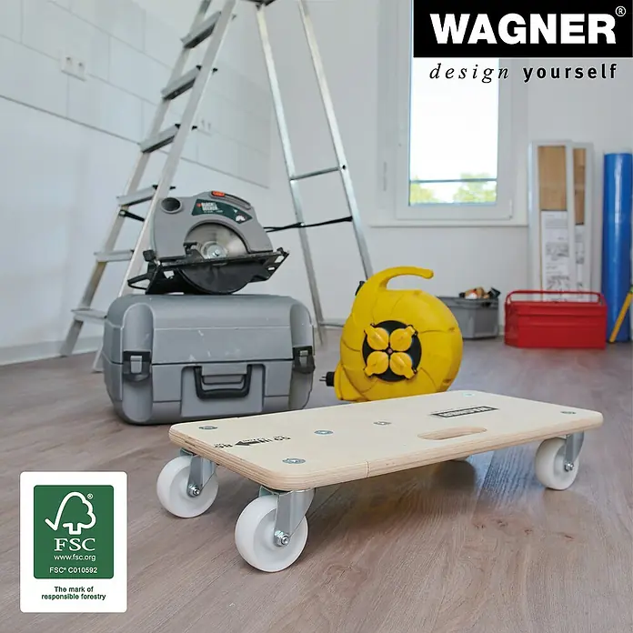Wagner System Transportroller MM 1331 - Breite: 290 mm, Traglast: 200 kg, Längenverstellbarkeit: 590 mm - 860 mm - Das Bild zeigt einen Wagenheber mit Rollen für den einfachen Transport schwerer Gegenstände auf einer Baustelle.