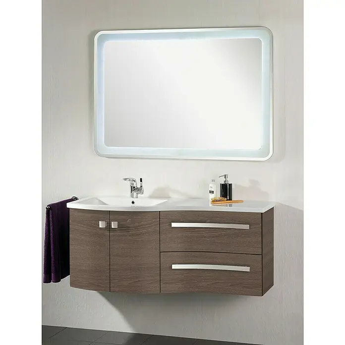 Camargue Wave Einbauwaschbecken - 120 x 55 cm, Links, Mineralguss, Weiß - Ein moderner Waschtisch mit Holzstruktur und beleuchtetem Spiegel sorgt für ein stilvolles Badezimmerambiente. Praktisch und elegant zugleich!