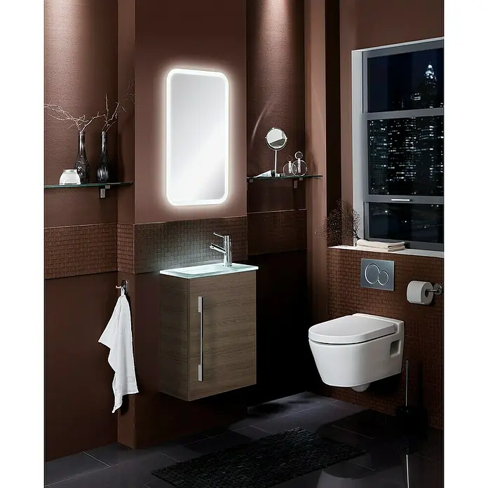 Camargue Stella Mini Fürdőszoba bútor szett - 45 cm, Matt - Elegáns fürdőszoba modern, fa hatású mosdószekrénnyel, megvilágított tükörrel és fali WC-vel.