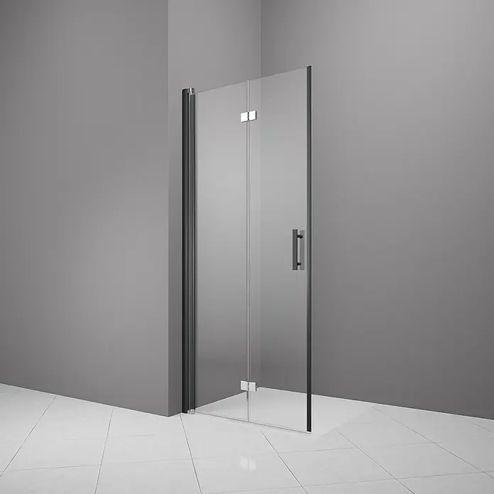 Camargue Vario Sklopiva vrata za tuširanje B53 - 90 x 195 cm, Premazano, Debljina: 6 mm, Crne boje - Slika moderne tuš kabine sa staklenim vratima, smještene u kupaonici s bijelim pločicama.