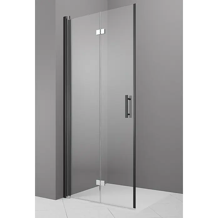 Camargue Vario Sklopiva vrata za tuširanje B53 - 90 x 195 cm, Premazano, Debljina: 6 mm, Crne boje - Moderna tuš kabina s crnim okvirom i prozirnim staklom, kombinirajući eleganciju i funkcionalnost.\n