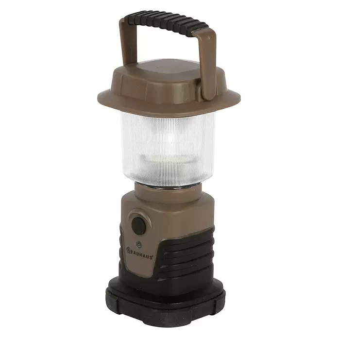 BAUHAUS LED-Campingleuchte Laterne Mini - Batteriebetrieben, Braun/Schwarz/Transparent, Höhe: 14 cm - Diagonale Ansicht