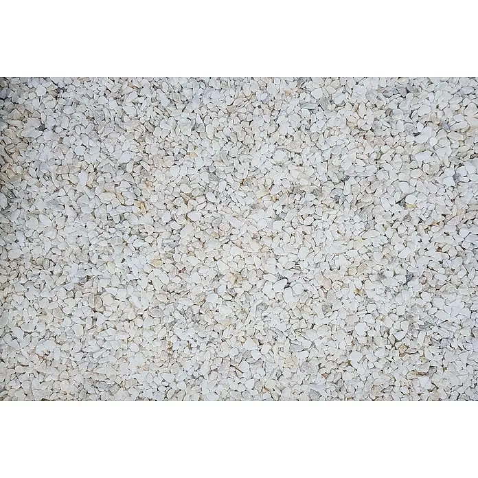 Min2C Grabsplitt - Edelkristall, 3 mm - 7 mm, 10 kg - Nahaufnahme von weißen Zierkieselsteinen, ideal für Gartenwege oder dekorative Zwecke im Außenbereich. Die Steine bieten eine helle und saubere Optik.