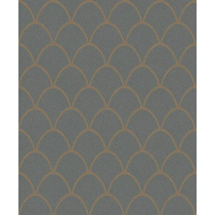SCHÖNER WOHNEN-Kollektion New Spirit Vliestapete - Grau/Gold, Grafisch, 10,05 x 0,53 m - Nahaufnahme eines stilvollen grauen Tapetenmusters mit fächerförmigen, bronzefarbenen Akzenten, das ein elegantes Art-Déco-Flair verleiht.