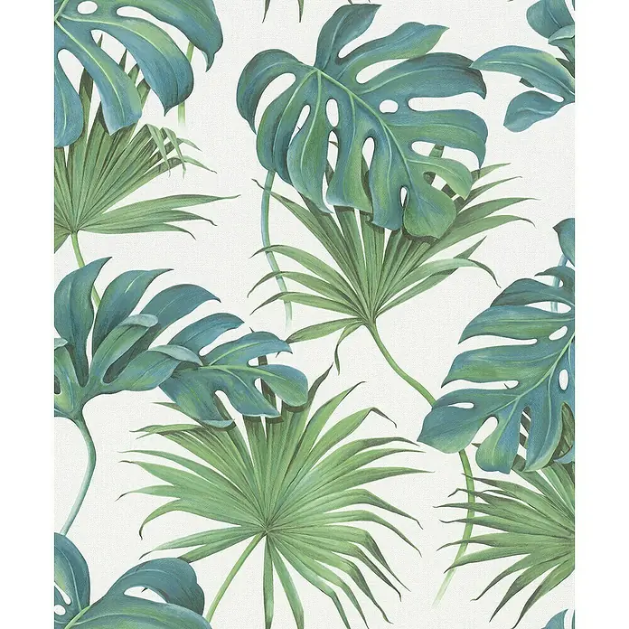 SCHÖNER WOHNEN-Kollektion New Spirit Vliestapete Fensterblatt - Grün/Weiß, Floral, 10,05 x 0,53 m - Tropisches Blattmuster mit Monstera- und Palmenblättern auf hellem Hintergrund, ideal für Dekorationen und Textilien.