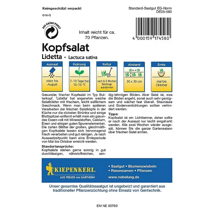 Kiepenkerl Profi-Line Salatsamen Kopfsalat - Lidetta, Lactuca sativa var. capitata, Erntezeit: Mai - Rückansicht