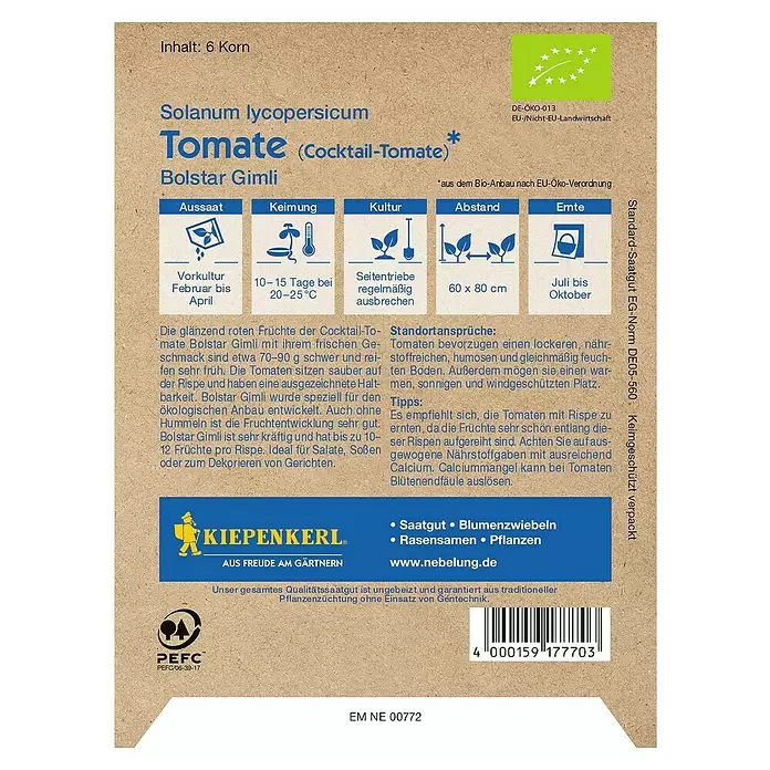 Kiepenkerl Profi-Line Gemüsesamen Tomate - Bolstar Gimli Bio, Solanum lycopersicum, Erntezeit: Juli - Rückansicht