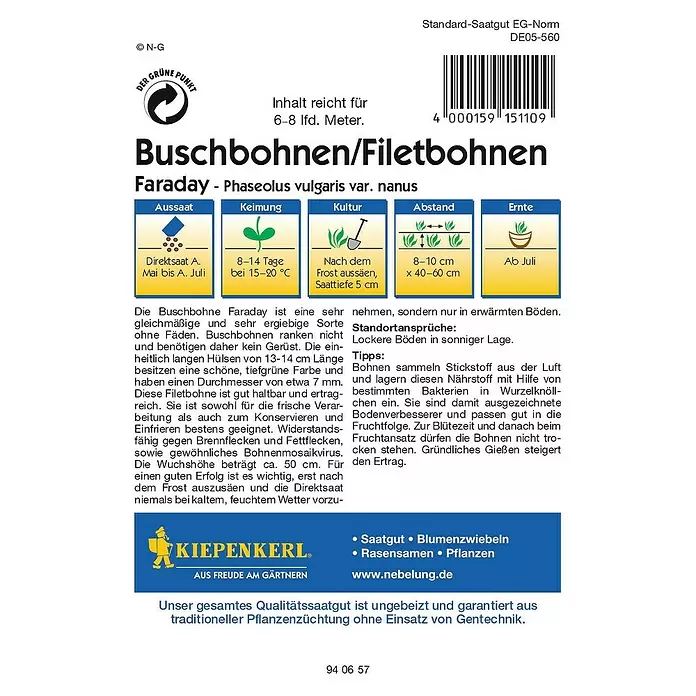 Kiepenkerl Profi-Line Gemüsesamen Buschbohne - Faraday, Phaseolus vulgaris var. nanus, Erntezeit: Juli - Rückansicht