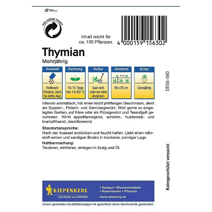 Kiepenkerl Kräutersamen Thymian - Thymus vulgaris, Saatzeit: April, Erntezeit: Ganzjährig - Rückansicht