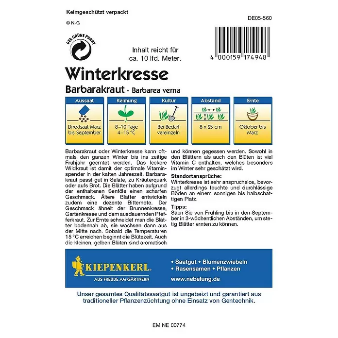 Kiepenkerl Profi-Line Kräutersamen Winterkresse - Barbarea verna, Saatzeit: März, Erntezeit: Oktober - Rückansicht