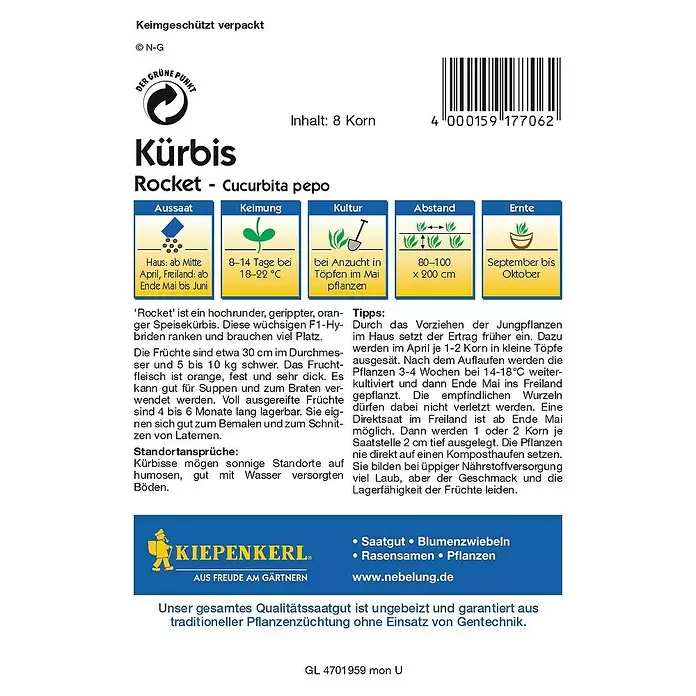 Kiepenkerl Profi-Line Gemüsesamen Kürbis - Cucurbita pepo, Erntezeit: September - Rückansicht