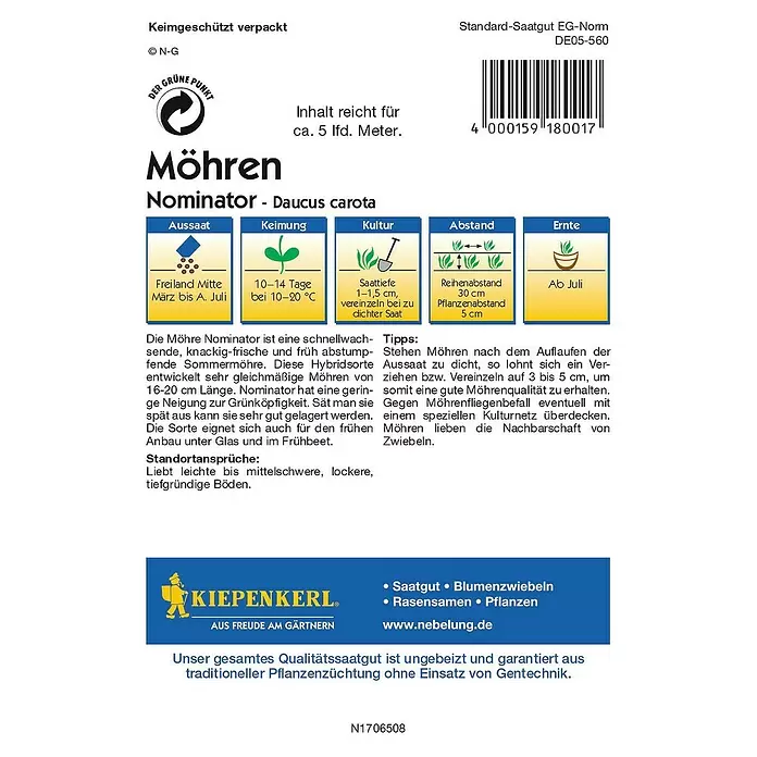 Kiepenkerl Profi-Line Gemüsesamen Möhre - Nominator, Daucus carota, Erntezeit: Juli - Rückansicht