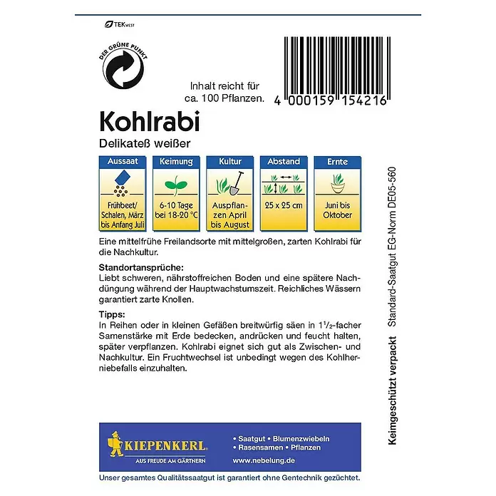 Kiepenkerl Gemüsesamen Kohlrabi Delikateß - Brassica oleracea var. gongylodes, Erntezeit: Juni - Rückansicht