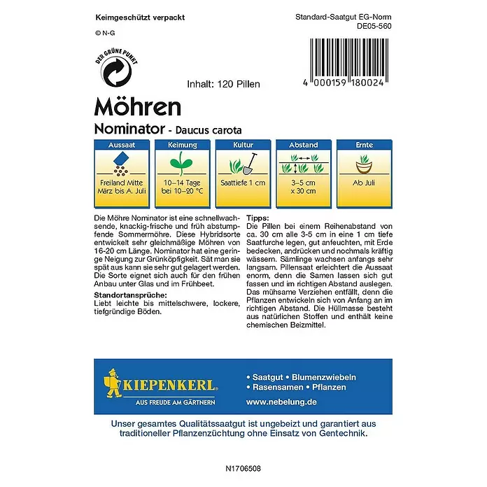 Kiepenkerl Profi-Line Gemüsesamen Möhre - Nominator - Pillensaat, Daucus carota, Erntezeit: Juli - Rückansicht