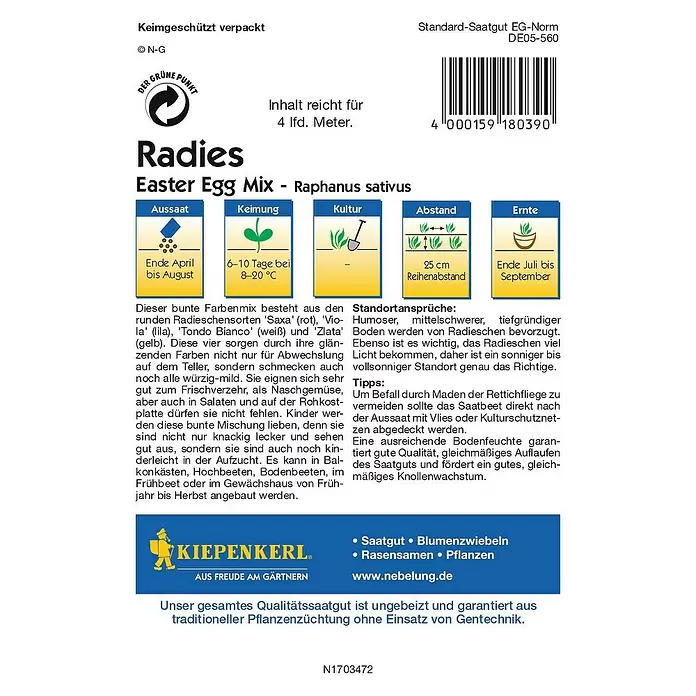 Kiepenkerl Profi-Line Gemüsesamen Radieschen - Easter Egg Mix, Raphanus sativus var. sativus, Erntezeit: Juli - Rückansicht