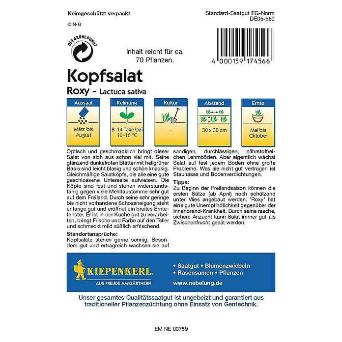 Kiepenkerl Profi-Line Salatsamen Kopfsalat - Roxy, Lactuca sativa var. capitata, Erntezeit: Mai - Rückansicht