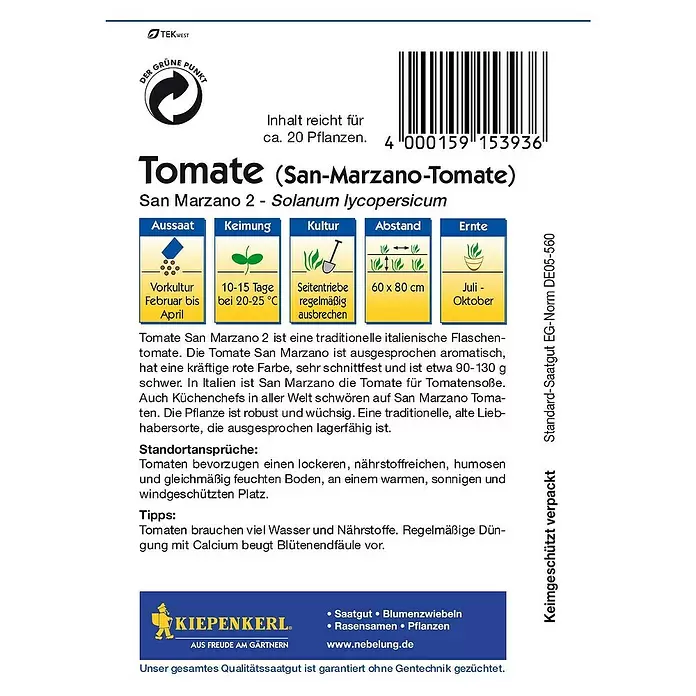 Kiepenkerl Gemüsesamen Tomate - San Marzano 2, Solanum lycopersicum, Erntezeit: Juli - Rückansicht