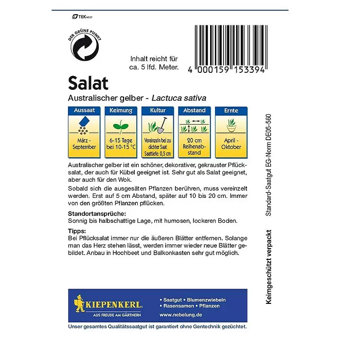 Kiepenkerl Salatsamen Pflücksalat Australischer gelber - Lactuca sativa, Erntezeit: April - Rückansicht