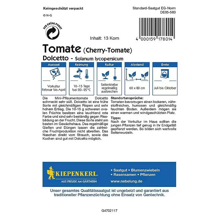 Kiepenkerl Profi-Line Gemüsesamen Tomate - Dolcetto, Solanum lycopersicum, Erntezeit: Juli - Rückansicht