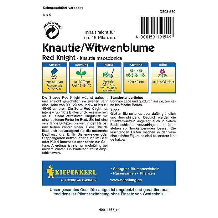 Kiepenkerl Profi-Line Blumensamen Knautie / Witwenblume - Knautia macedonica, Rot - Rückansicht