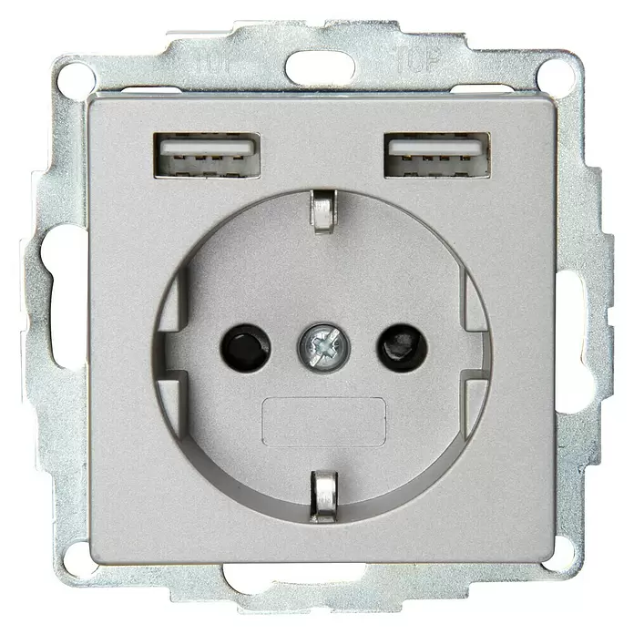 Voltomat Stopcontactinzet met USB - Staal, Enkelvoudig, Kunststof, IP20 - Vooraanzicht