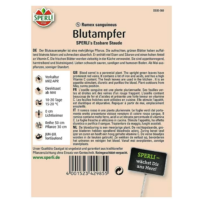 Sperli Salatsamen Blutampfer - Rumex sanguineus, Erntezeit: Mai - Rückansicht