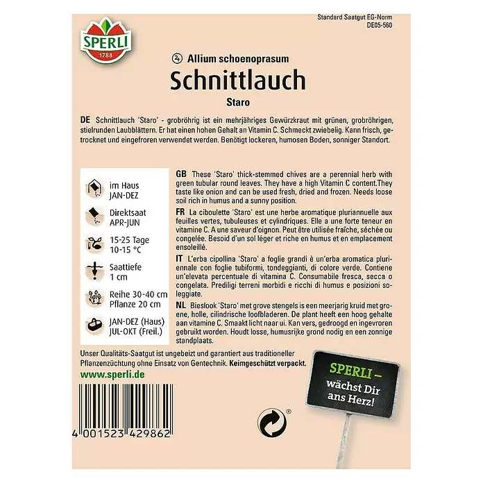 Sperli Kräutersamen Schnittlauch - Staro - Saatscheiben, Allium schoenoprasum, Saatzeit: April, Erntezeit: Ganzjährig - Rückansicht