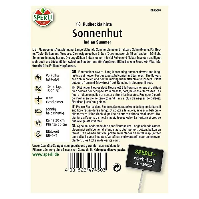 Sperli Blumensamen Sonnenhut - Rudbeckia hirta, Blütezeit: Juli - Rückansicht