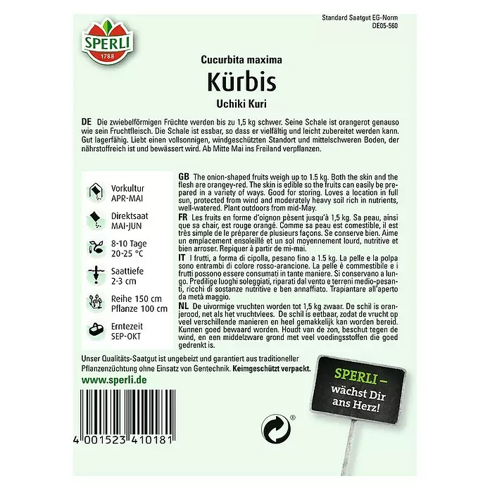 Sperli Gemüsesamen Kürbis - Uchiki Kuri, Cucurbita maxima, Erntezeit: September - Rückansicht