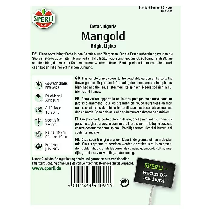 Sperli Gemüsesamen Mangold - Bright Lights, Beta vulgaris, Erntezeit: Juni - Rückansicht