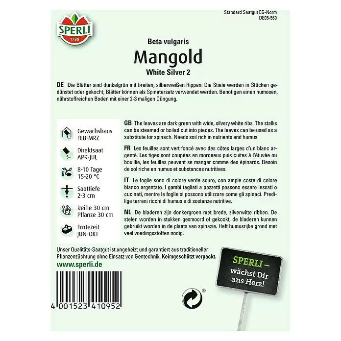 Sperli Gemüsesamen Mangold - White Silver, Beta vulgaris, Erntezeit: Juni - Rückansicht