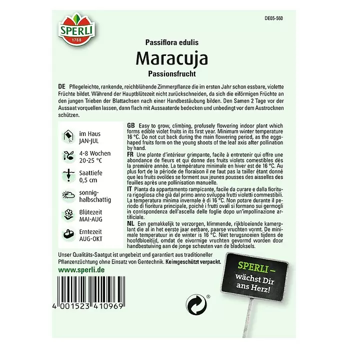 Sperli Obstsamen Maracuja - Passiflora edulis, Erntezeit: August - Rückansicht