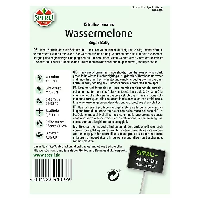 Sperli Obstsamen Wassermelone Sugar Baby - Citrullus lanatus, Erntezeit: August - Rückansicht