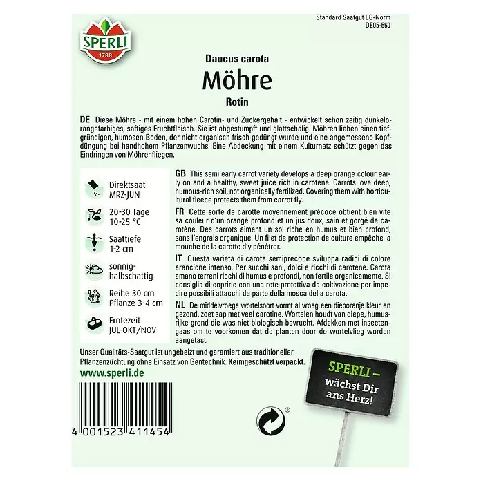 Sperli Gemüsesamen Möhre - Rotin, Daucus carota, Erntezeit: Juli - Rückansicht