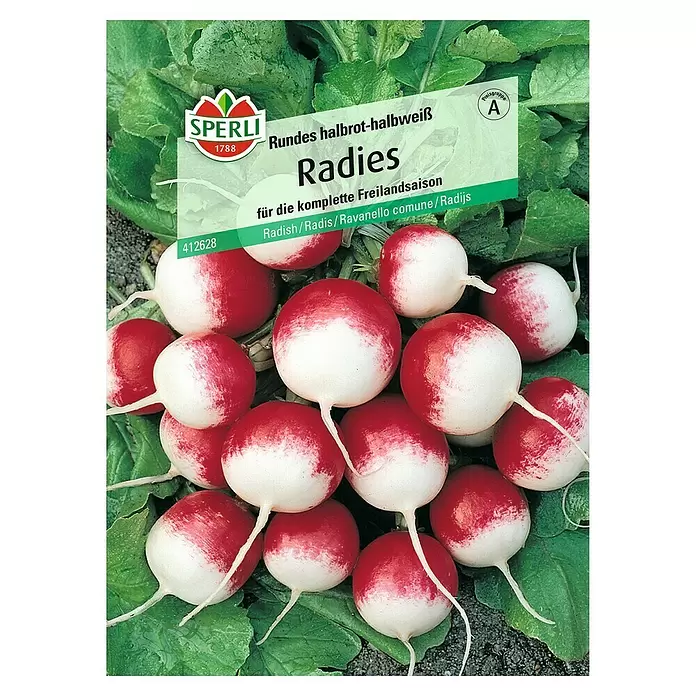 Sperli Gemüsesamen Radies - Rundes halbrot halbweiß, Raphanus sativus, Erntezeit: Mai - Vorderansicht