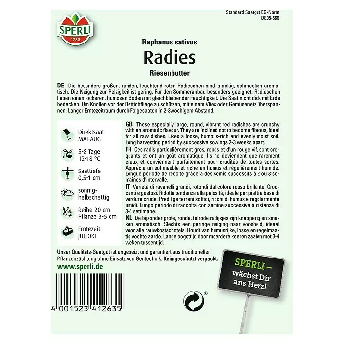 Sperli Gemüsesamen Radies - Riesenbutter, Raphanus sativus, Erntezeit: Juli - Rückansicht