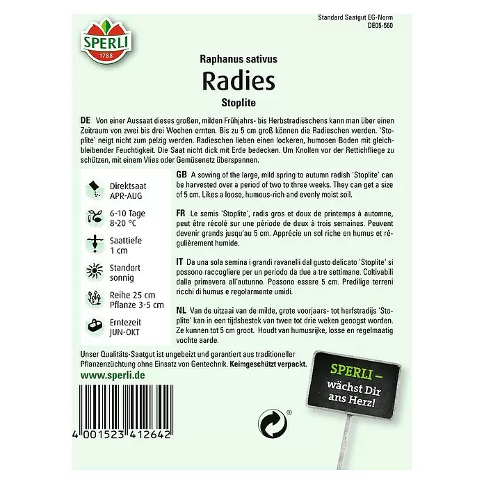 Sperli Gemüsesamen Radies - Stoplite, Raphanus sativus, Erntezeit: Juni - Rückansicht