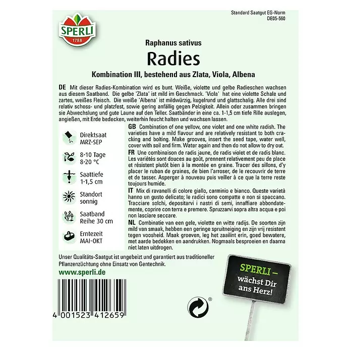 Sperli Gemüsesamen Radies - Kombination III, Raphanus sativus, Erntezeit: Mai - Rückansicht